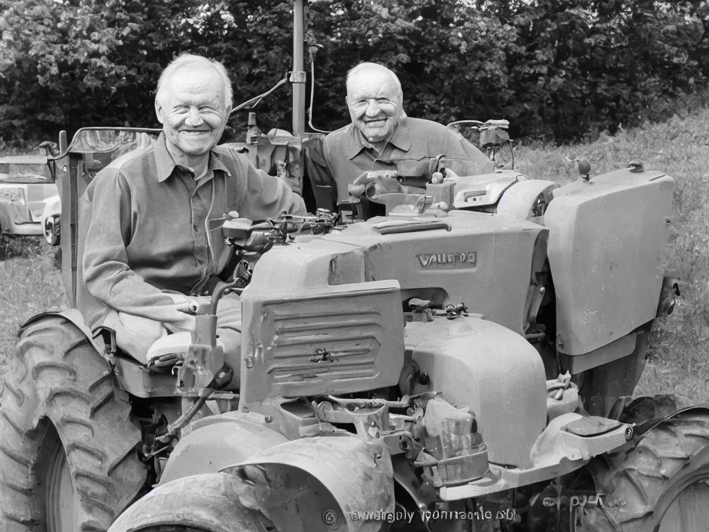 Image similar to happy finnish grandpa posing next to his new valmet - tractor smiling to the camera, 1 9 6 6, home album pocket camera photo, detailed facial features, hyper realistic