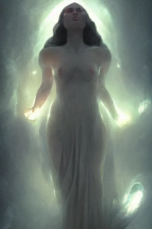 Image similar to godess of artificial intelligence, sharp focus, god rays, volumetric light, by greg rutkowski, by greg manchess, by wayne barlowe, by emil melmoth, cinematic, light from above, cinematic shot,