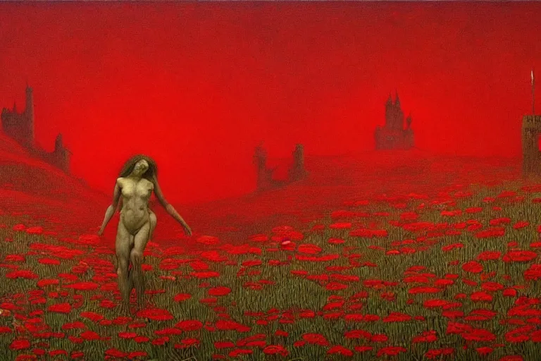 Image similar to only with red, red flowers of different types, a red tiger, a castle in the background, medieval demons dance over the flowers, an ancient path, in the style of beksinski, part by hopper, part by rodcenko, part by hofbauer, intricate composition, red by caravaggio, insanely quality, highly detailed, masterpiece, red light, artstation