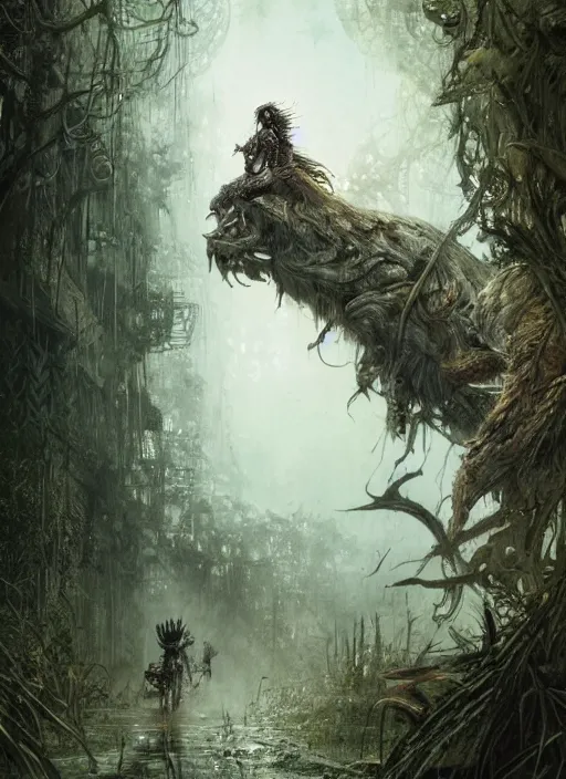 Image similar to a beautiful cute tribal woman riding a mutated jaguar in a post apocalyptic city overgrown with lush vegetation, by Luis Royo, by Greg Rutkowski, dark, gritty, intricate, backlit, strong rimlight, cover illustration, concept art, volumetric lighting, volumetric atmosphere,sharp focus, octane render, trending on artstation, 8k