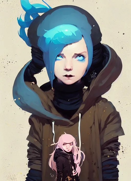 Image similar to highly detailed portrait of a sewer punk lady student, blue eyes, hoodie, tall spiral white hair by atey ghailan, by greg rutkowski, by greg tocchini, by james gilleard, by joe fenton, by kaethe butcher, gradient gold, black, brown and pink color scheme, grunge aesthetic!!! ( ( graffiti tag wall background ) )