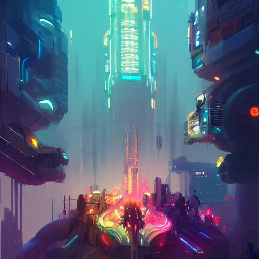 Image similar to crowded place, people, cyberpunk, bionics, augments, lights, cables, colorful, vivid, imposing, epic, digital painting, artstation, concept art, by peter mohrbacher and wlop and rhads,