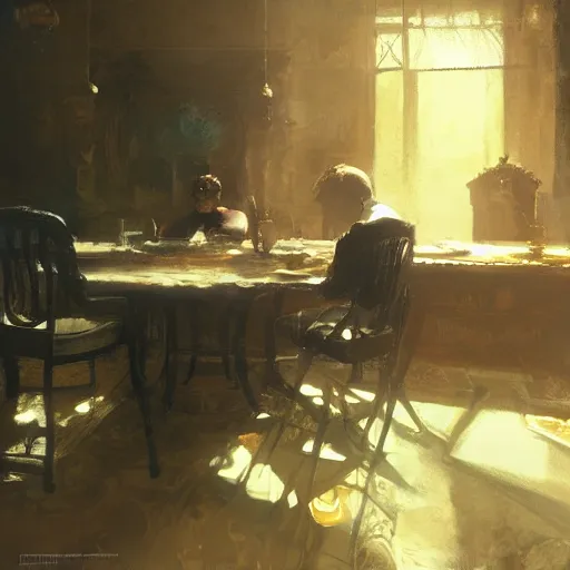 Image similar to the illumatis all sitting at a table, serious, eerie, a single sunbeam coming from the roof, dust illuminated by the sunbeam, serious, lush, vintage decor, craig mullins