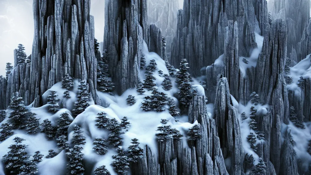 Image similar to the empire of space and time. huashan pines on cliffs. rendered in keyshot. 1 3 ghosts. gnomon workshop, stone ruins snow, icicles.