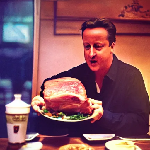 Prompt: david cameron eating a giant gammon steak, kodak porta 4 0 0 high contrast golden hour dramatic lighting smoky jazz bar