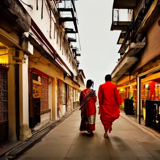 Image similar to a dramatic photograph of a person wearing traditional indian clothes, person wearing indian traditional clothes walking in a modern city, cinematic lighting