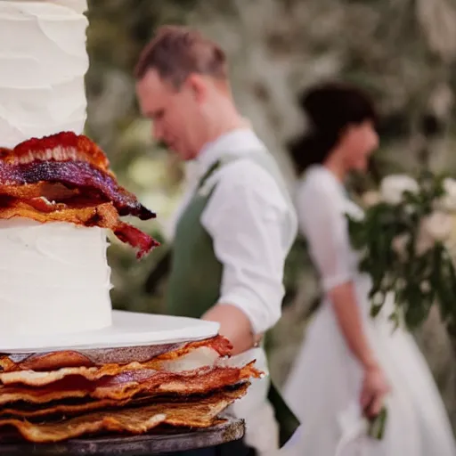 Prompt: a wedding cake made of bacon, professional food photo, bride and groom on top of the wedding cake,