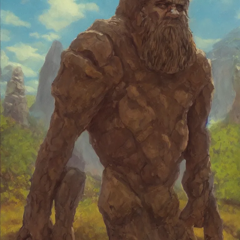 Prompt: a beautiful portrait painting in the style of larry elmore of a stone golem standing center frame at summer camp