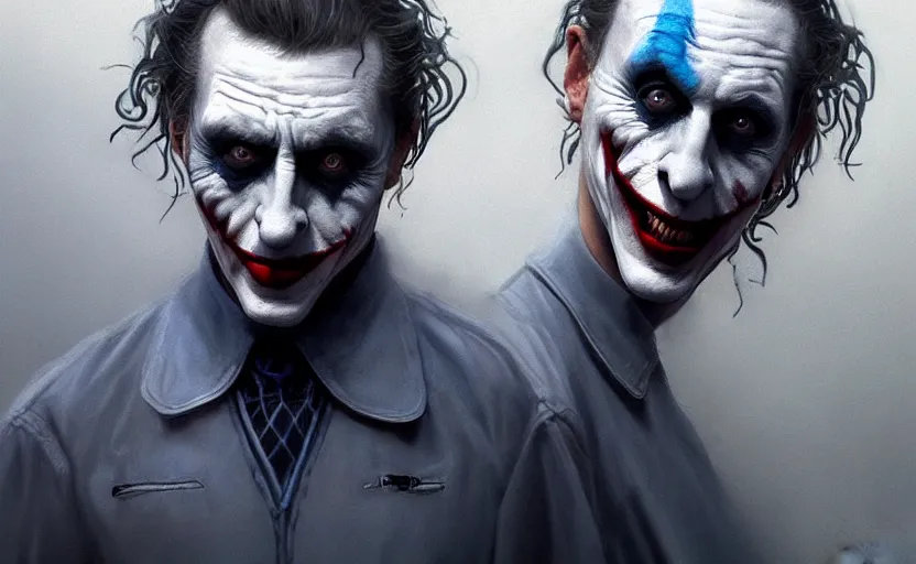 Prompt: maynard james keenan as the joker, soft grey and blue natural light, intricate, digital painting, artstation, concept art, smooth, sharp focus, illustration, art by greg rutkowski and luis rollo and uang guangjian and gil elvgren, symmetry!