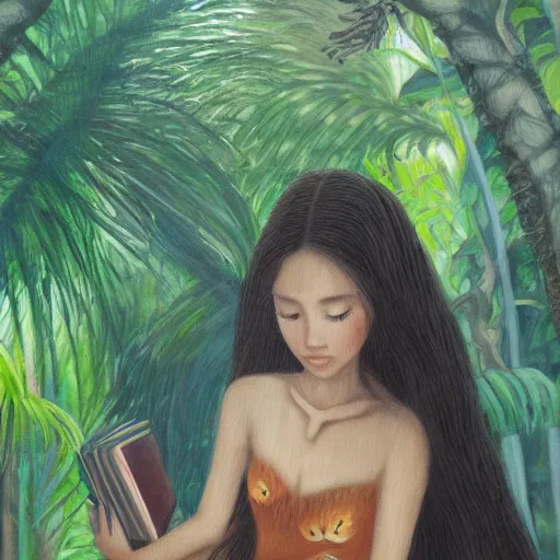 Prompt: a girl in a jungle with book, her hair flowing down, subtle, intricate details, real masterpiece, oil on canvas, by somsak anong