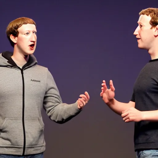 Image similar to A heated argument between animatronic Mark Zuckerberg and animatronic Mark Zuckerberg