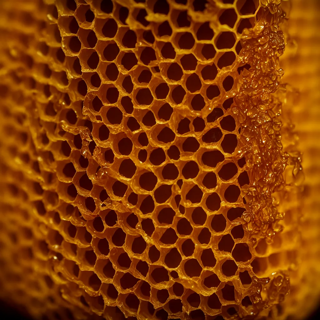 Prompt: real honeycomb elegant classic vase with dripping honey by tomas gabzdil libertiny, product design, film still from the movie directed by denis villeneuve with art direction by zdzisław beksinski, telephoto lens, shallow depth of field