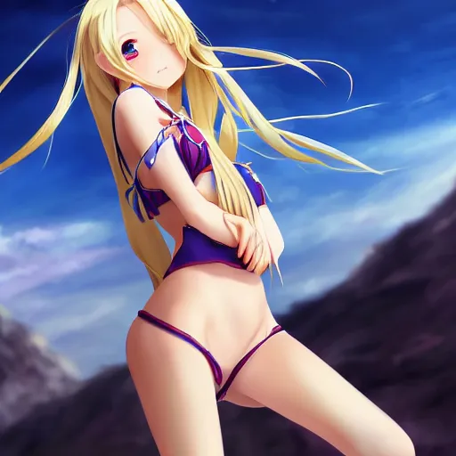 Image similar to a very beautiful young anime giantess with her tiny dad, full body, long wavy blond hair, sky blue eyes, full round face, evil grin, bikini, miniskirt, front view, mid - shot, highly detailed, cinematic wallpaper by stanley artgerm lau