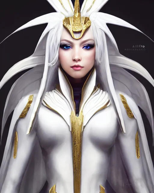 Image similar to perfect white haired egyptian goddess wearing white dove wings, warframe armor, regal, attractive, ornate, sultry, beautiful, dreamy, half asian, pretty face, blue eyes, detailed, scifi platform, 4 k, ultra realistic, epic lighting, android body, illuminated, cinematic, masterpiece, art by akihito tsukushi, voidstar, artgerm