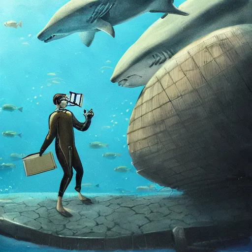 Image similar to man with a vintage diving suit reading a book underwater with sharks around him in the style of makoto shinkai, digital painting, good composition, godrays, trending on art station, high detail