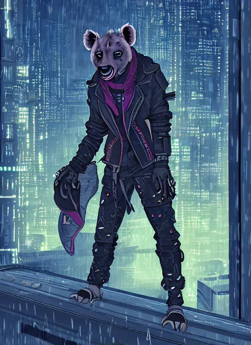 Image similar to character portrait of a male anthro hyena fursona with a tail and a cute beautiful attractive detailed furry face wearing stylish cyberpunk clothes in a cyberpunk city at night while it rains. color page, tankoban, 4K, tone mapping. By Nomax, Kenket, Rukis.