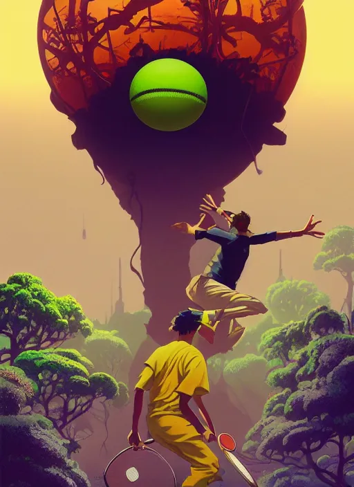 Prompt: travel poster artwork by michael whelan and tomer hanuka, rendering of tennis ball monsters, high contrast, full of details, by makoto shinkai and thomas kinkade, matte painting, trending on artstation and unreal engine