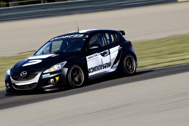 Prompt: black GT4 Mazdaspeed3 black plain livery simple, racing on track photo 2008 cinematic motion blur dof