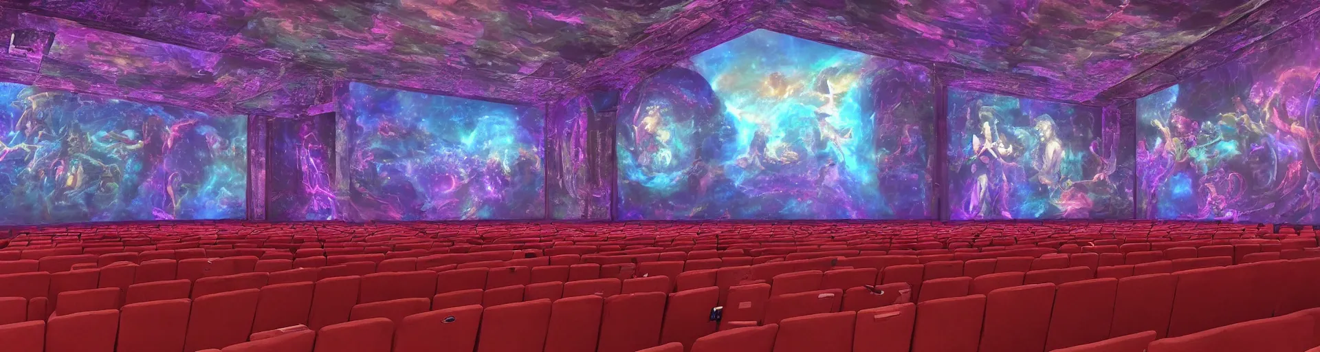 Image similar to Inside an astral theater with seats and screens