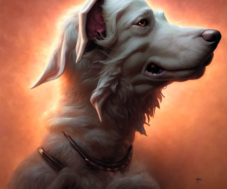 Image similar to beautiful fantasy character portrait of a maremma dog ultra realistic, dramatic lighting, the fifth element artifacts, highly detailed by peter mohrbacher, hajime sorayama, wayne barlowe, boris vallejo, aaron horkey, gaston bussiere, craig mullins