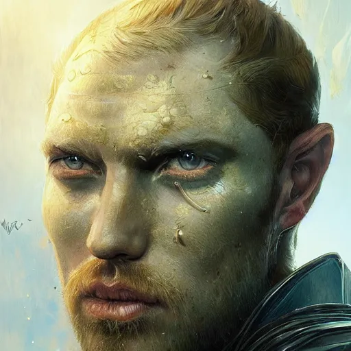 Image similar to renaissance green eyed ginger, middle aged, balding, king, riccardo scamarcio, art by artgerm and greg rutkowski and magali villeneuve, intricate renaissance armor, portrait, highly detailed, digital painting, trending on artstation, concept art, sharp focus, illustration