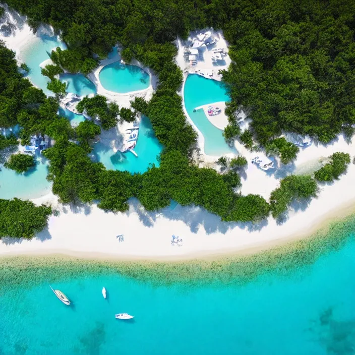 Prompt: an aerial perspective of a crystal clear bay, beach, turquoise ocean, yachts anchored in the bay, photo - realistic, highly detailed, calm, serene