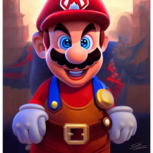 Image similar to super mario is the new president of america, highly detailed, digital painting, artstation, concept art, smooth, sharp focus, illustration, art by artgerm and greg rutkowski and alphonse mucha