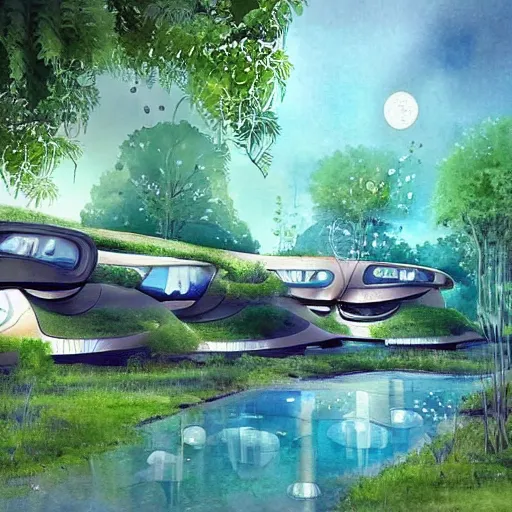 Image similar to beautiful happy picturesque charming sci - fi organic pod - like homes consisting of modules of the future in a beautiful natural scene. water, trees and rocks. beautiful light. soft colour scheme. beautiful artistic detailed watercolor by lurid. ( 2 0 2 2 )