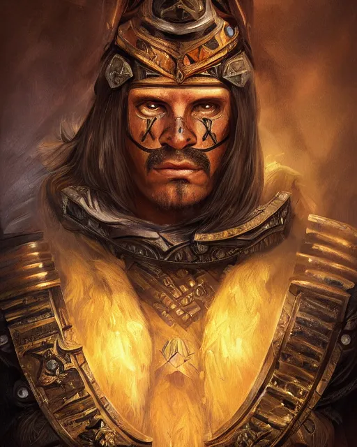 Prompt: digital painting of incan lancer warrior, by filipe pagliuso and justin gerard, symmetric, fantasy, highly detailed, realistic, intricate, portrait, sharp focus, tarot card, face, handsome, peruvian