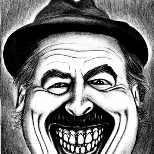 Image similar to ernest hemmingway laughing, demented, scary pencil sketch