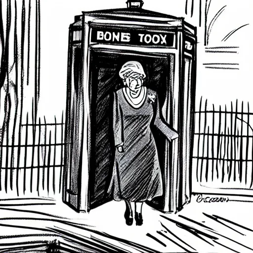 Image similar to Concept art of Queen Elizabeth II stepping out of the Tardis on a dark rainy London street