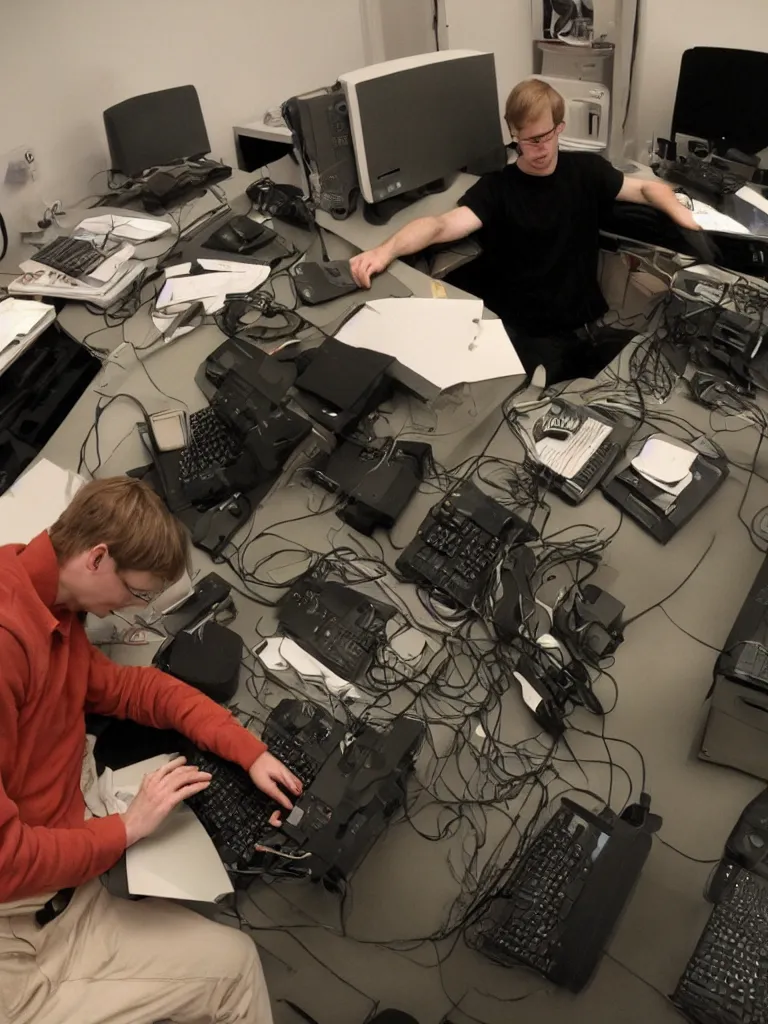 Prompt: John Carmack sleeping at desk near 90s computer running quake II, michaelangelo style