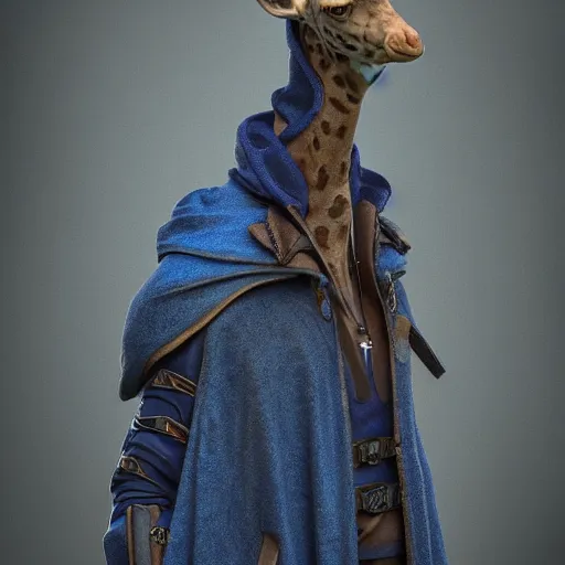 Image similar to a highly detailed portrait of a humanoid giraffe in a blue cloak, adventurer, artstation, deviantart, professional, unreal engine 5, octane render