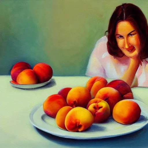 Prompt: beautiful woman in the background, table and plate of peaches in the foreground, natural light, oil painting style,