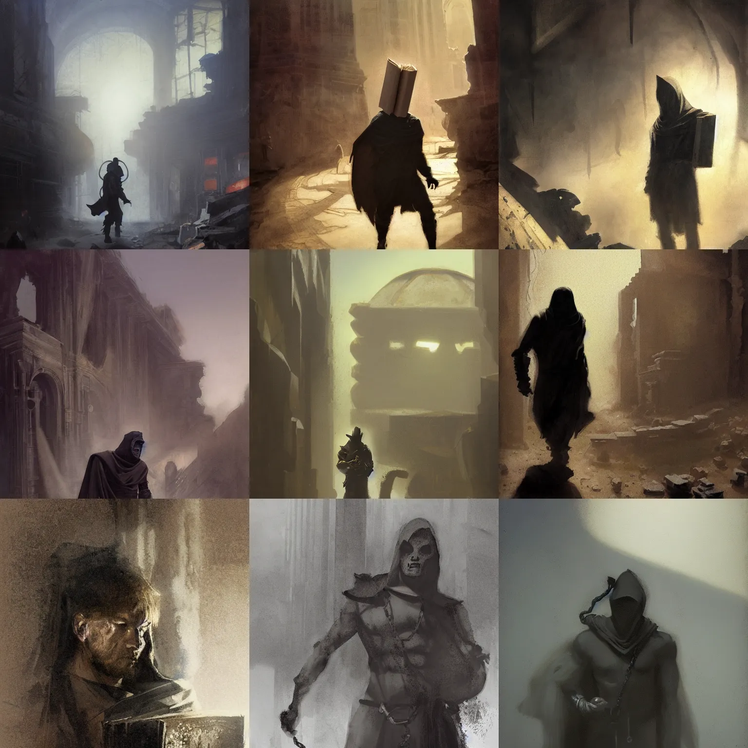 Prompt: portrait of destiny from sandman, man wearing a closed cowl, big old book chained to the wrist, by jeremy mann, by craig mullins, by caravaggio and mike mignola, by jeff easley, face in the shadows, walking between ruins of ancient rome at dusk, mysterious atmosphere, high detailed, 8 k