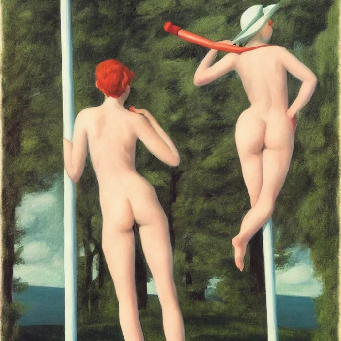 Prompt: pole dancing fairies, Edward Hopper and Rene Magritte, highly detailed