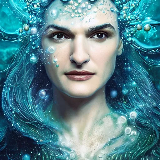 Image similar to rachel weisz portrait, fantasy, mermaid, hyperrealistic, game character, underwater, highly detailed, sharp focus, cinematic lighting, pearls, glowing hair, shells, gills, crown, water, highlights, starfish, jewelry, realistic, digital art, pastel, magic, fiction, ocean, king, colorful hair, sparkly eyes, fish, heroic, god, waves, bubbles