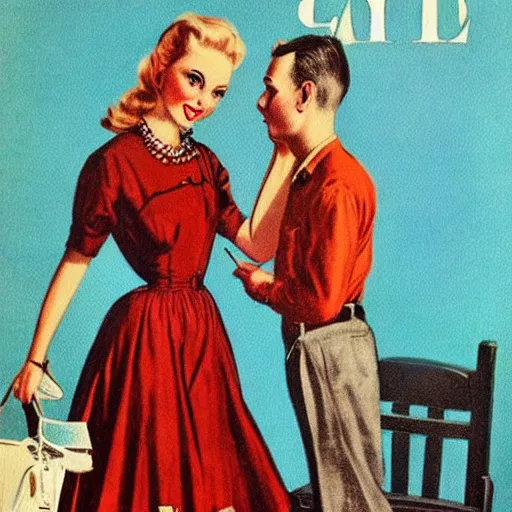 Image similar to “stunning, highly detailed portrait, very detailed, couple, tin can, blonde, color vintage magazine illustration 1950”