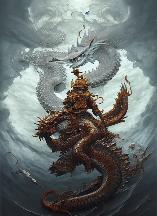 Image similar to subsurface scattering, white, koi, samurai deity with filigree dragon armor, by jesper ejsing, james jean, justin gerard, tomasz alen kopera, cgsociety and fenghua zhong, highly detailed, rim light, cinematic lighting, illustration, art, octane render, very coherent, cinematic, hyper realism, high detail, 8 k