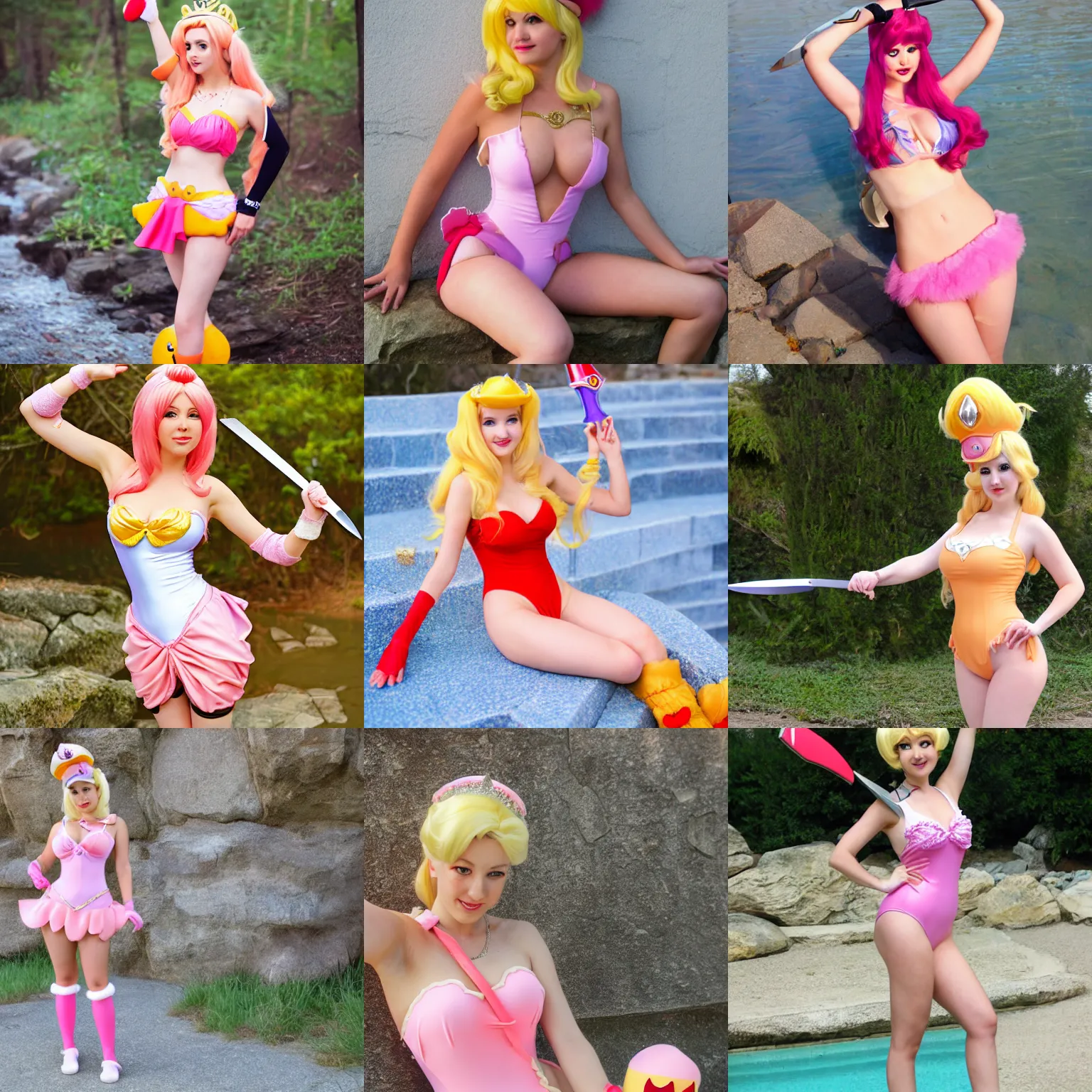 Prompt: princess peach cosplayer, swimsuit and knife