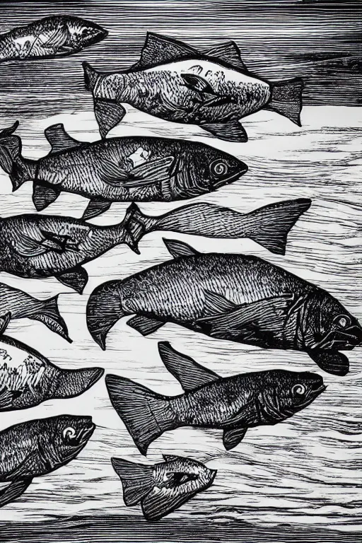 Prompt: a beautiful wood engraving on paper of a school of fish, 8 k, frostbite 3 engine, cryengine, dof, trending on artstation, digital art, crepuscular ray