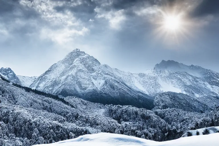 Image similar to a beautiful landscape photo of snowy mountains, award winning photo, cinematic masterpiece, 4 k