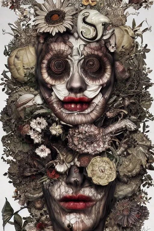 Prompt: Detailed maximalist portrait with large lips and with large white eyes, exasperated expression, botany bones, HD mixed media, 3D collage, highly detailed and intricate, surreal illustration in the style of Caravaggio, dark art, baroque