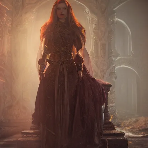 Image similar to the elder scrolls vi, charismatic regal brunette female jarl, portrait, throne room, atmospheric lighting, painted, intricate, volumetric lighting, beautiful, daytime, sunny weather, slight overcast, sharp focus, deep colours, ultra detailed, by leesha hannigan, ross tran, thierry doizon, kai carpenter, ignacio fernandez rios