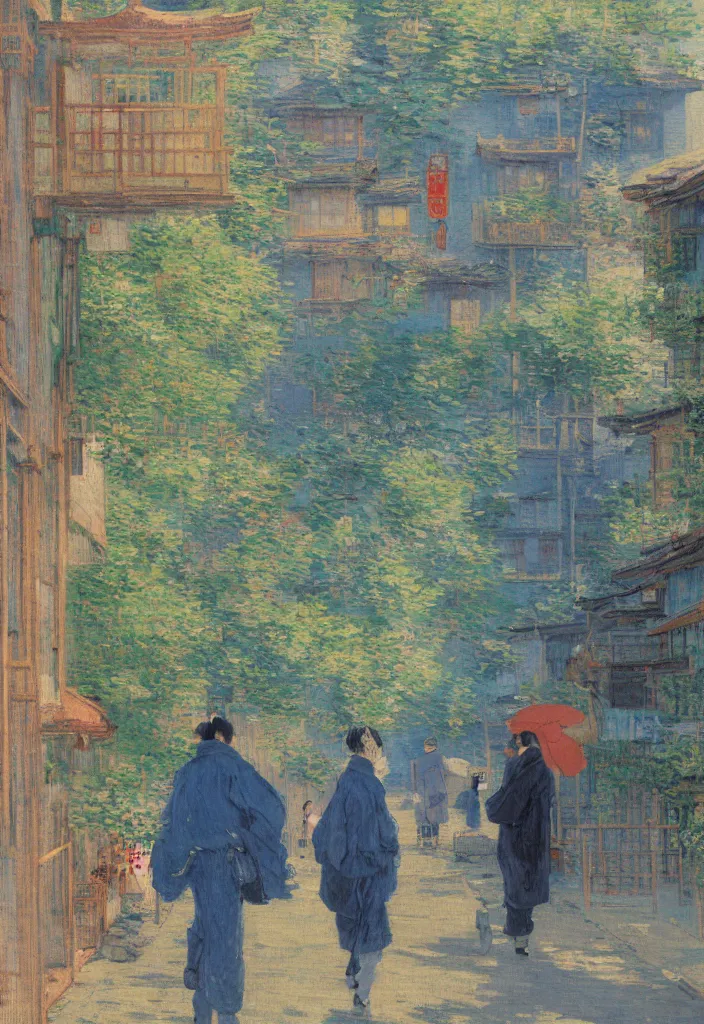 Image similar to a beautiful japanese city near the sea, amazing ryokans and gorgeous edo era houses, cyberpunk, lofi vibe, colorful, vivide colors, oil painting in impressionist style, by jeremy lipkin, by claude monet, by makoto shinkai, by van gogh, multiple brush strokes, inspired by ghibli, masterpiece, beautiful