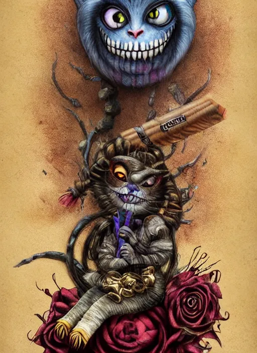 Image similar to cheshire cat having a cigar death tarot card, highly detailed, half skull face, cinematic, 8 k, bymegan duncanson, benjamin lacombe, naoto hattori, adrian borda, giger, trending on deviantart, hyper detailed, horror, full of colour