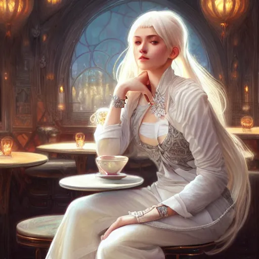 Image similar to a beautiful girl with white hair and bangs, sitting in a cafe, fantasy, intricate, elegant, highly detailed, digital painting, artstation, concept art, matte, sharp focus, illustration, art by Artgerm and Greg Rutkowski and Alphonse Mucha