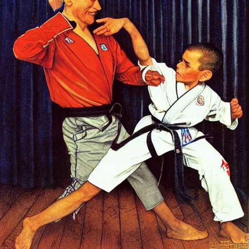 Image similar to benjamin netanyahu karate chopping a kid while wearing karate uniform, by michael cheval and norman rockwell, highly detailed