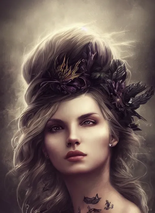 Prompt: a beautiful woman with closed eyes and tattoos, 8 k, sensual, hyperrealistic, hyperdetailed, beautiful face, long hair windy, dark fantasy, fantasy portrait by laura sava
