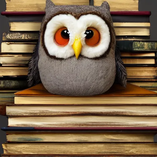 Image similar to long shot of a very cute plush owl sitting on a pile of antique books, big eyes half closed, by naoto hatori, by yoshita amano, by esao andrews, humorous illustration, hyperrealistic, big depth of field, fresh colors, dim light, 3 d octane render conceptart, 4 k, highly detailed, trending on artstation